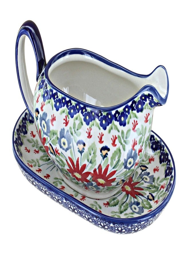 Blue Rose Pottery إناء مرق وصحن من الخزف البولندي "بلو روز" بنقشة باقة الغابة - Image 1