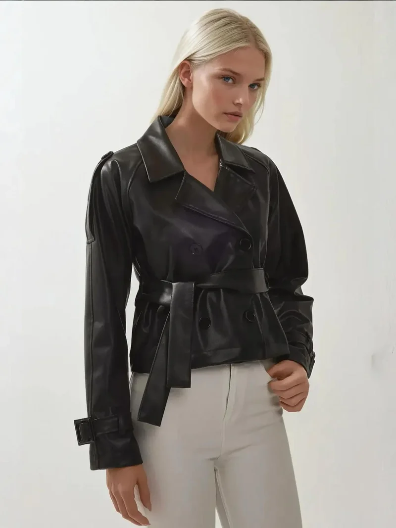 BIG DART BDART Fitted Double Breasted Faux Leather Jacket with Bow