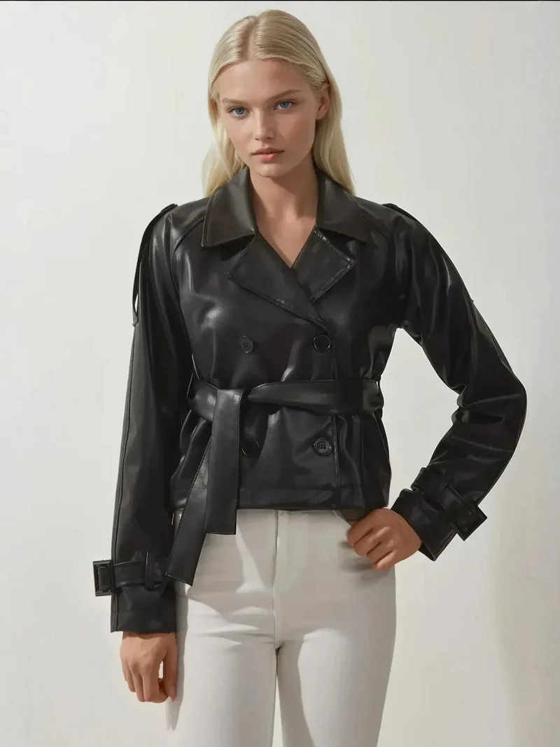 BIG DART BDART Fitted Double Breasted Faux Leather Jacket with Bow