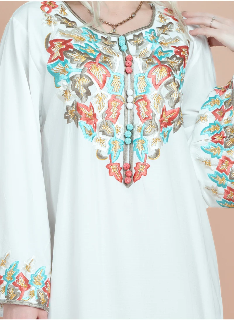 IKKXA Solid Hand Embroidered Jalabiya CJ1064 White