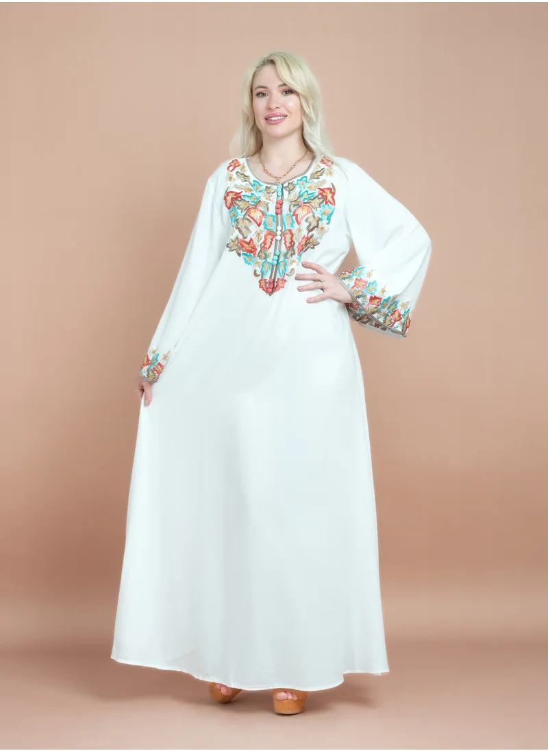 IKKXA Solid Hand Embroidered Jalabiya CJ1064 White
