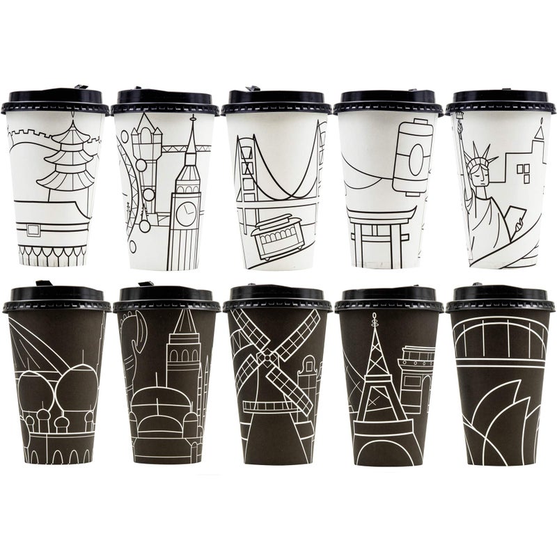 Youngever 70 Sets Disposable Coffee Cups with Lids To Go Hot Coffee Cups Durable Paper Cups with Lids City Skyline Design
