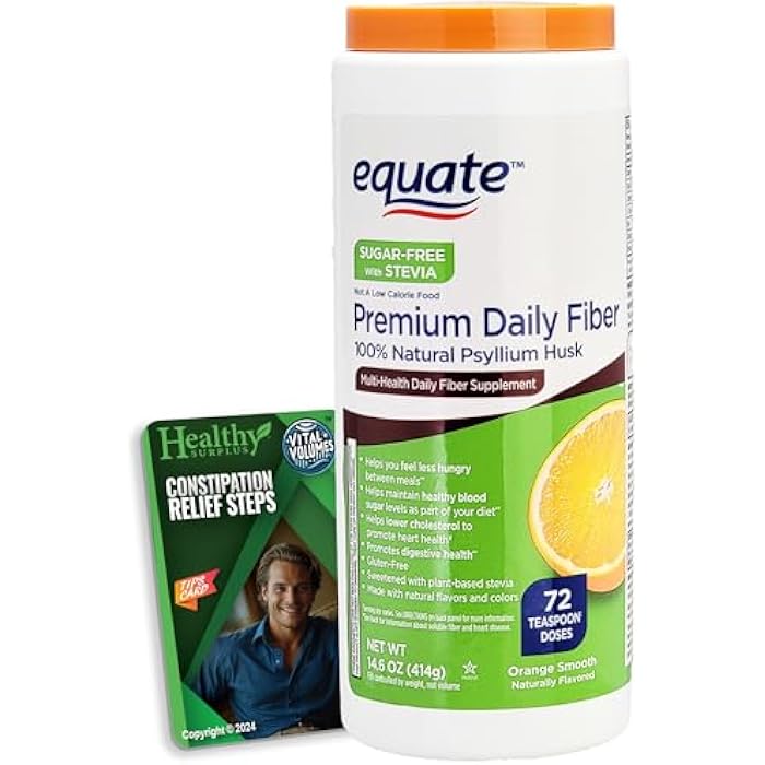 Healthy Surplus Equate Premium Daily Fiber Psyllium Husk Sugar-Free with Stevia 14 OZ Over 70 Teaspoon Doses - Orange Flavor and Vital Volumes Constipation Tips Card - Bundle - Image 1