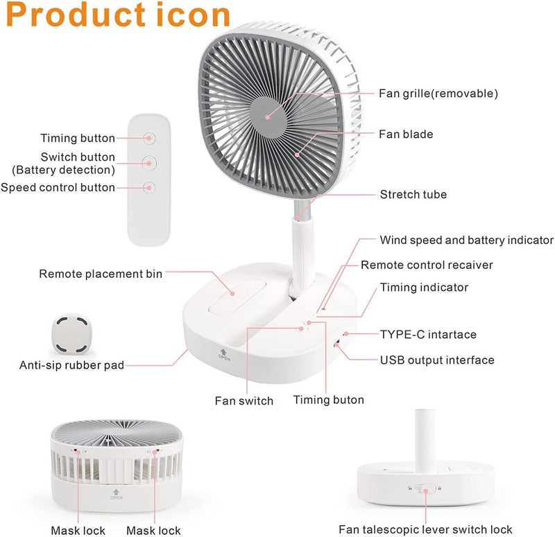 Magesh Portable Pedestal Fan - Foldaway Standing Fan Foldable Desk Fan, Use 7200Mah Rechargeable Battery, Remote Control Telescopic 4 Speed Quiet Timer Fan for Home Kitchen Outdoor Camping (Gray) - Image 5