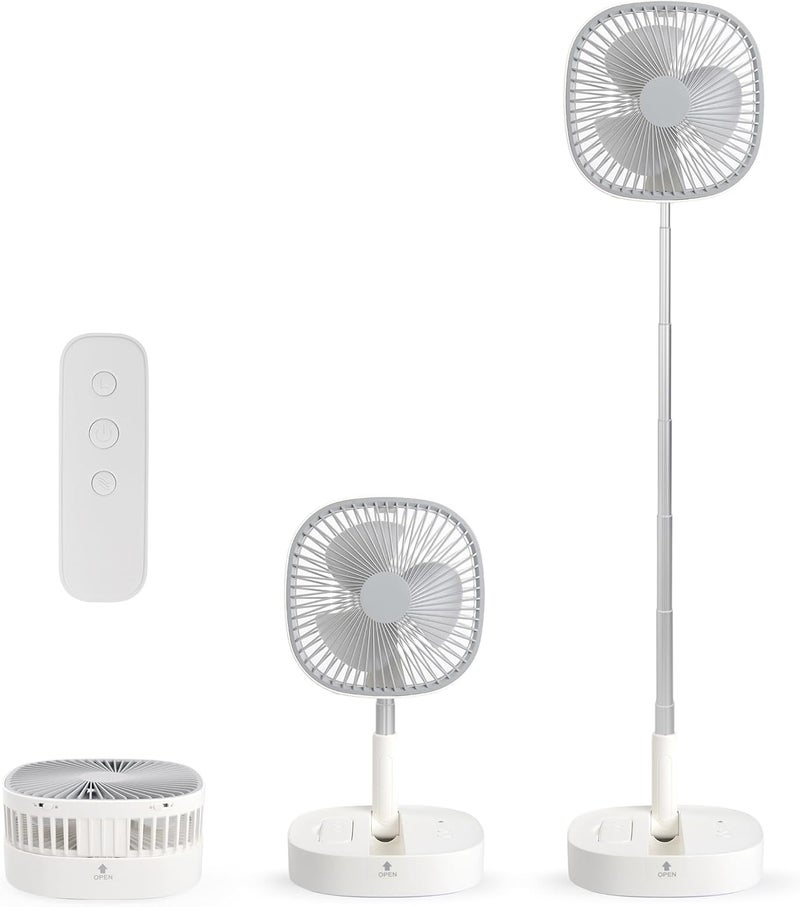 Magesh Portable Pedestal Fan - Foldaway Standing Fan Foldable Desk Fan, Use 7200Mah Rechargeable Battery, Remote Control Telescopic 4 Speed Quiet Timer Fan for Home Kitchen Outdoor Camping (Gray) - Image 1