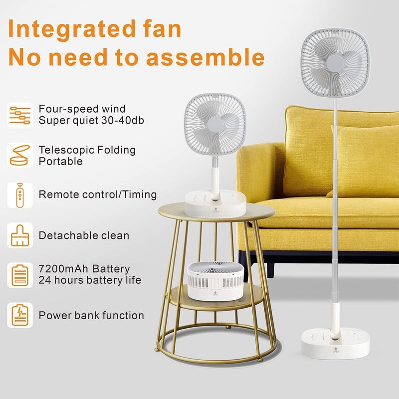 Magesh Portable Pedestal Fan - Foldaway Standing Fan Foldable Desk Fan, Use 7200Mah Rechargeable Battery, Remote Control Telescopic 4 Speed Quiet Timer Fan for Home Kitchen Outdoor Camping (Gray) - Image 3