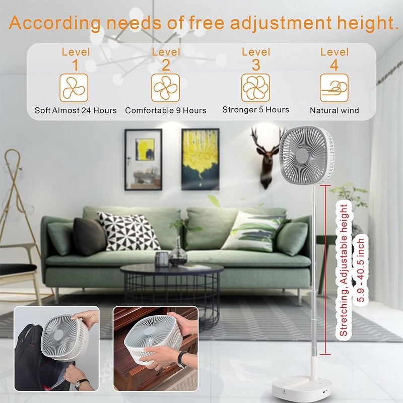 Magesh Portable Pedestal Fan - Foldaway Standing Fan Foldable Desk Fan, Use 7200Mah Rechargeable Battery, Remote Control Telescopic 4 Speed Quiet Timer Fan for Home Kitchen Outdoor Camping (Gray) - Image 4