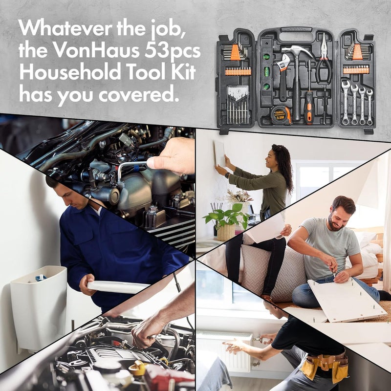 VonHaus 53pc Household Tool Set for DIY - Includes Precision Screwdrivers, Claw Hammer, Pliers, Hex Keys, 20 Bits & More - Image 2