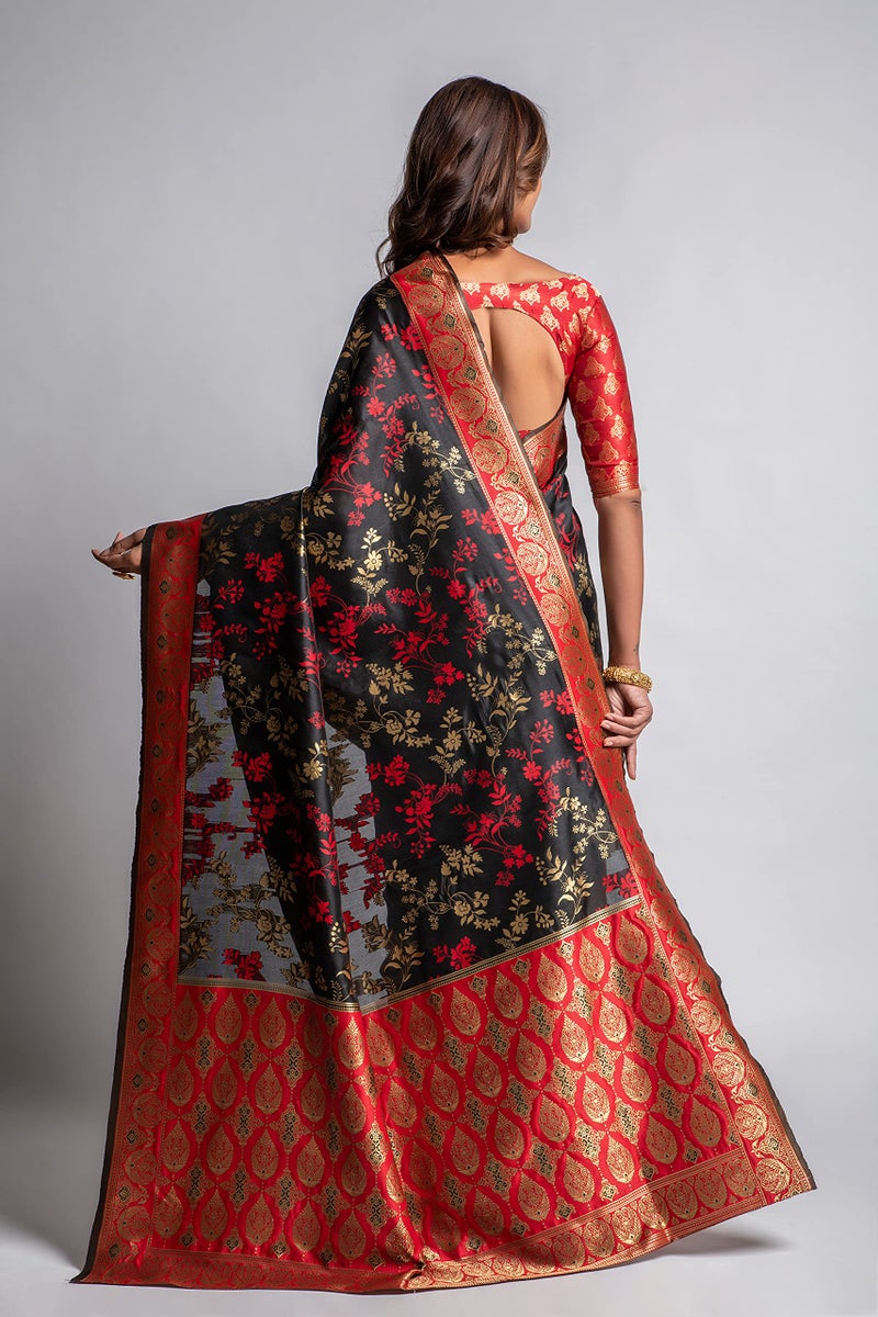Lilots Women's Designer Banarasi Silk Jacquard Designer Saree With Blouse Piece (Black) - Image 3
