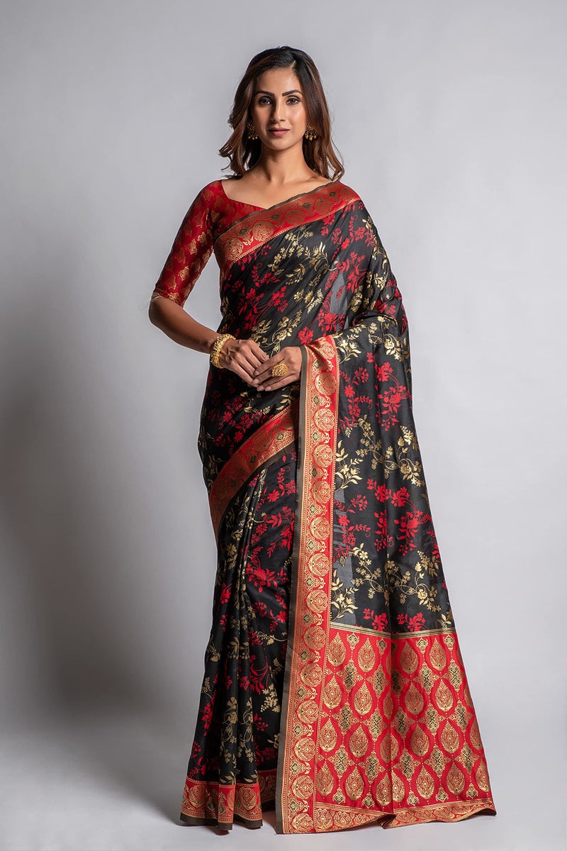 Lilots Women's Designer Banarasi Silk Jacquard Designer Saree With Blouse Piece (Black) - Image 2