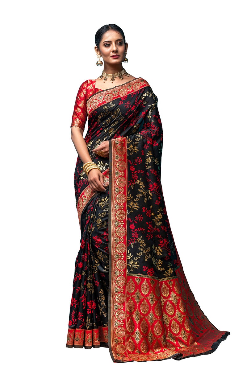 Lilots Women's Designer Banarasi Silk Jacquard Designer Saree With Blouse Piece (Black) - Image 1