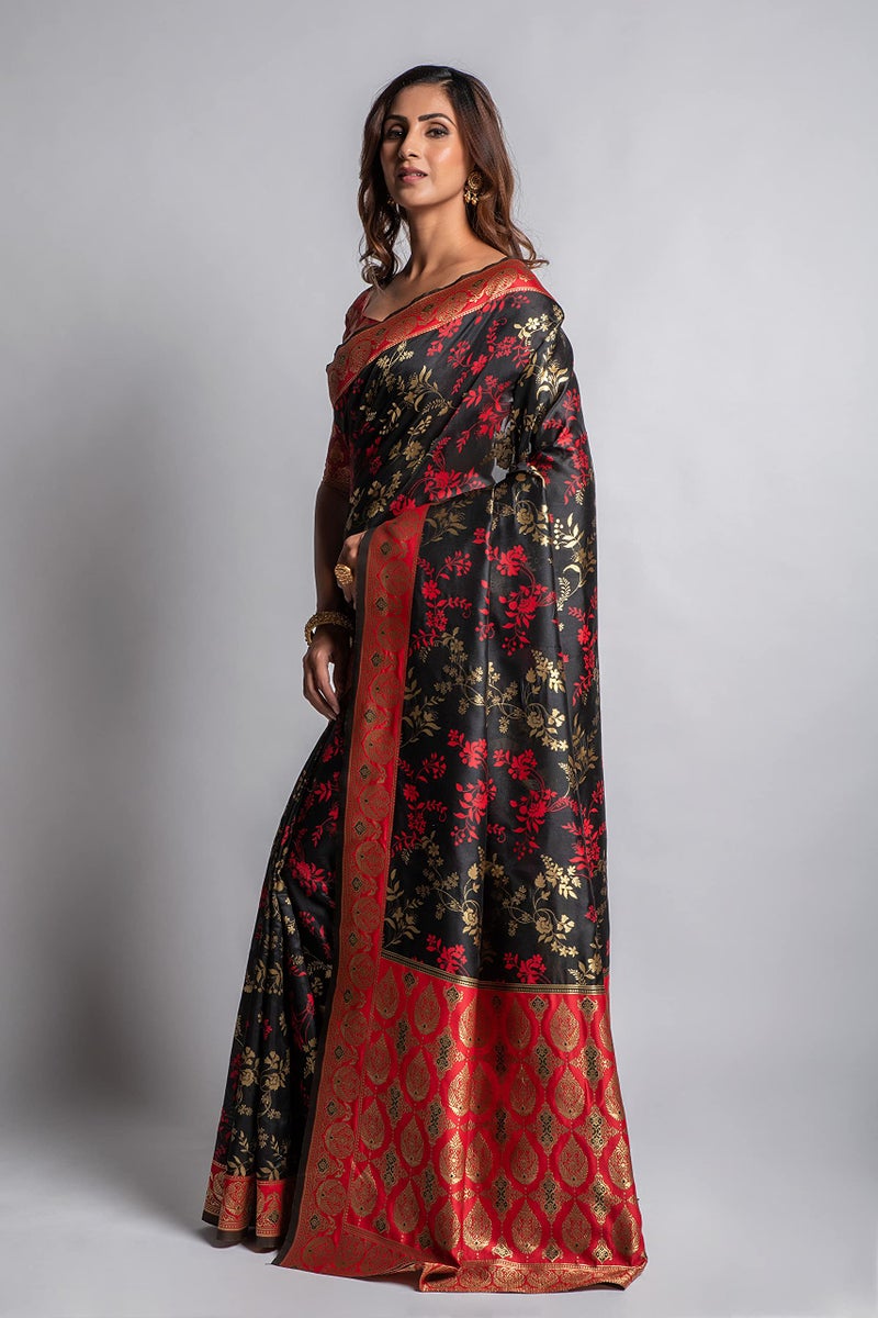 Lilots Women's Designer Banarasi Silk Jacquard Designer Saree With Blouse Piece (Black) - Image 4