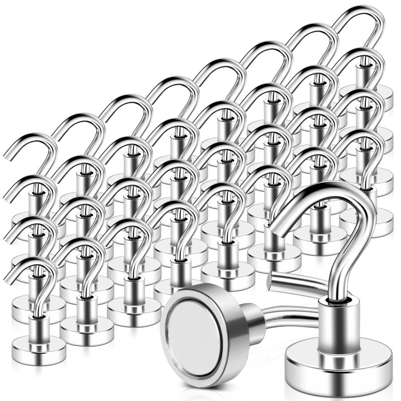 MAGXCENE 32 Pack Magnetic Hooks Heavy Duty 25 lbs Strong Magnet Hooks for Cruise Refrigerator Neodymium Magnets with Hooks for Grill Hanging Kitchen Tool Storage