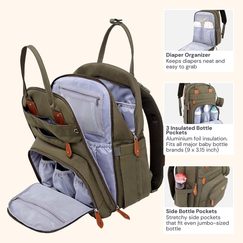 BabbleRoo حقيبة ظهر بابلرو - حقيبة سفر أساسية للأطفال - حقيبة حفاضات متعددة الوظائف مقاومة للماء، حقيبة أساسية للسفر مع وسادة تغيير، أحزمة عربة الأطفال وحافظة مصاصة - أخضر عسكري - Image 4