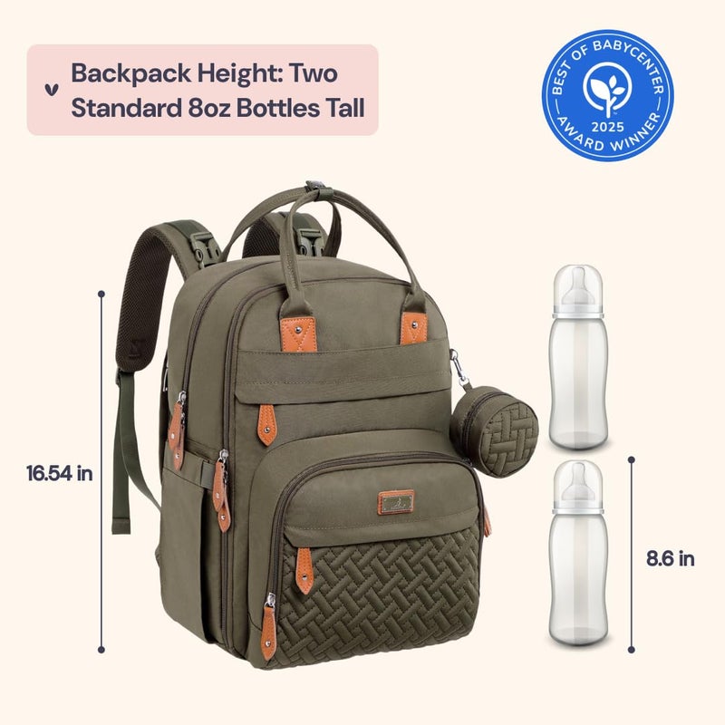 BabbleRoo حقيبة ظهر بابلرو - حقيبة سفر أساسية للأطفال - حقيبة حفاضات متعددة الوظائف مقاومة للماء، حقيبة أساسية للسفر مع وسادة تغيير، أحزمة عربة الأطفال وحافظة مصاصة - أخضر عسكري - Image 2