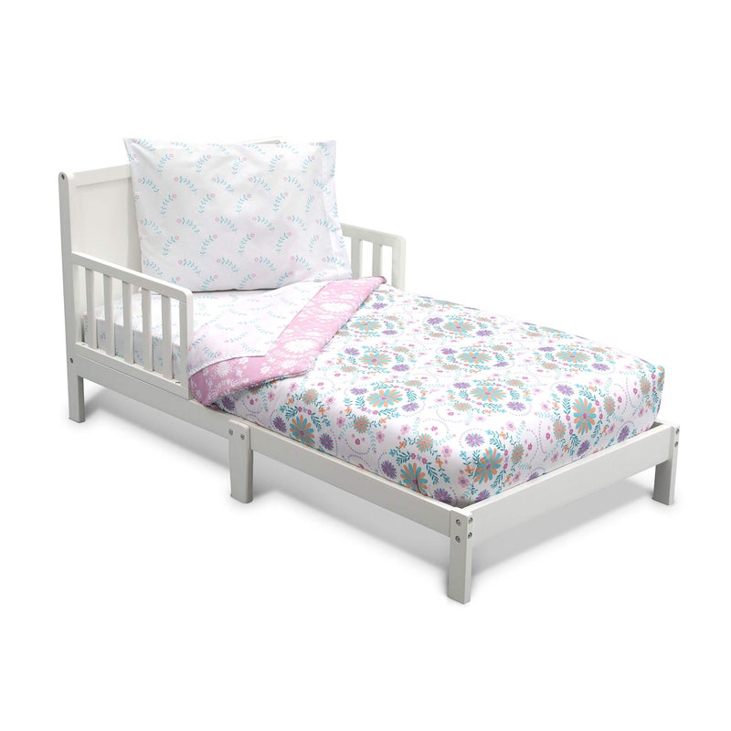 Delta CHILDREN Delta Children 4 Piece Toddler Bedding Set for Girls  Reversible 2in1 Comforter  Includes Fitted Comforter to Keep Little Ones Snug Bottom Sheet Top Sheet Pillow Case  Pink Bohemian 