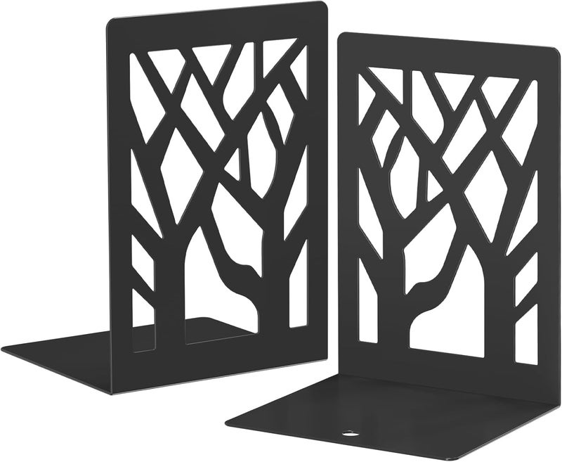 VFINE Metal Bookends, 2 Pieces Tree Design Bookends for Shelves, Black Book Ends for Desk, Bookshelf Bookends Decoration Stylish Metal Book Ends for Home Office - Image 1