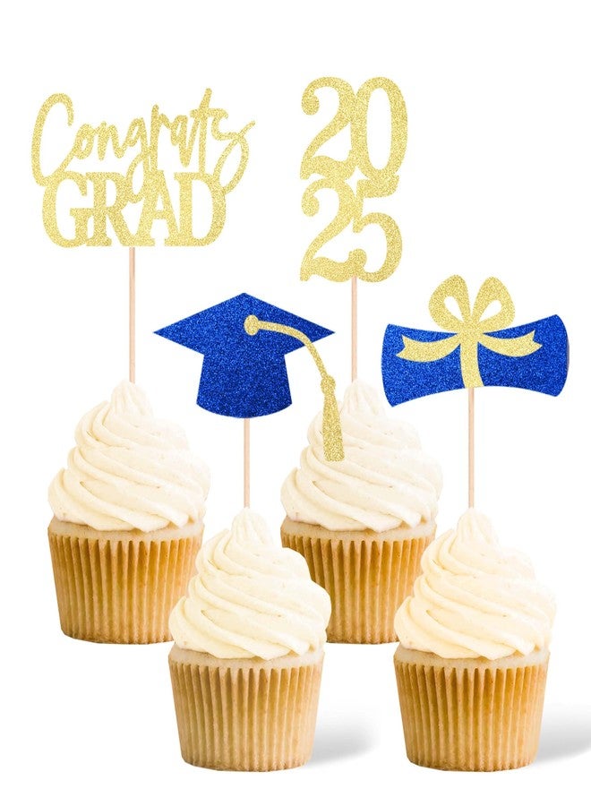 Gexolenu Class of 2025 Graduation Decoration Party Cupcake Toppers, Double-sided Grad Cap Cake Toppers for Graduation Party Supplies (24 pcs, Gold & Blue) - Image 1