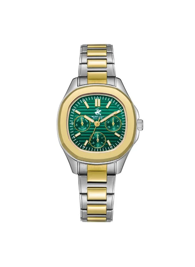 بيفرلي هيلز بولو كلوب BEVERLY HILLS POLO CLUB BP3700C.270 Women's Multi Function Display Watch & Metal Strap Silver/Gold