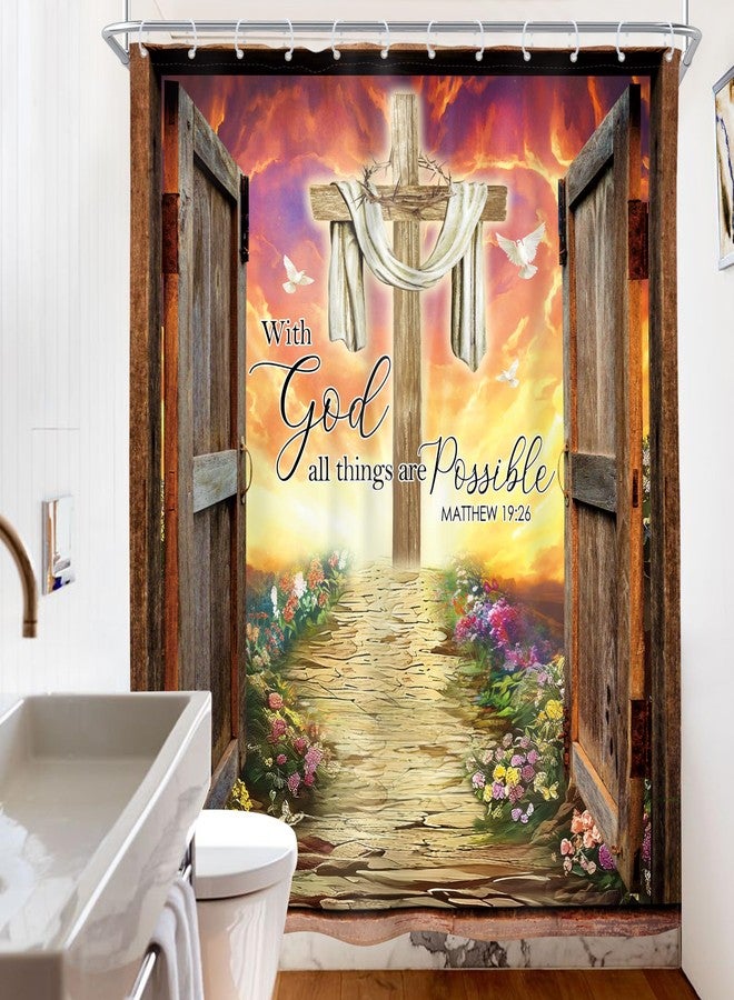 Riyidecor Bible Verse Rustic Barn Door Cross Shower Curtain Inspirational Quote Positive Christian Scripture 60Wx72H Inch Vintage Floral Fabric Decor Bathroom Polyester Waterproof 12 Pack Hooks - Image 4