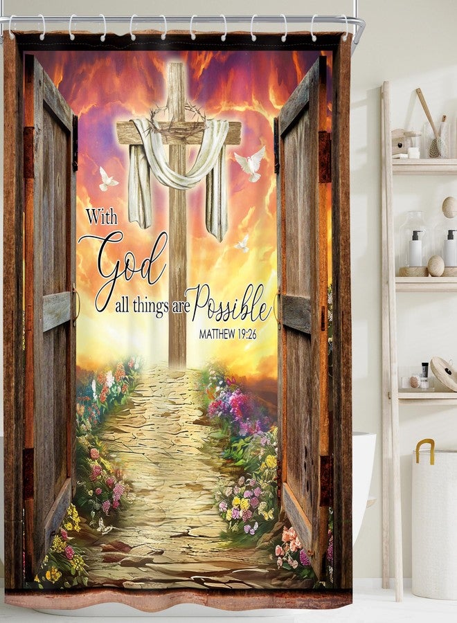 Riyidecor Bible Verse Rustic Barn Door Cross Shower Curtain Inspirational Quote Positive Christian Scripture 60Wx72H Inch Vintage Floral Fabric Decor Bathroom Polyester Waterproof 12 Pack Hooks - Image 2