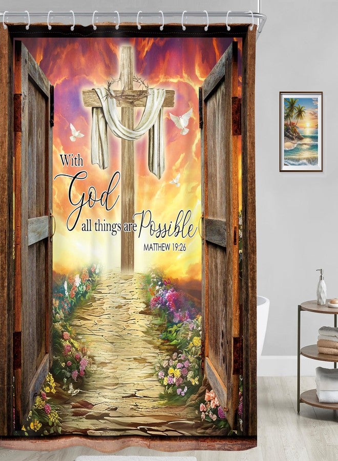 Riyidecor Bible Verse Rustic Barn Door Cross Shower Curtain Inspirational Quote Positive Christian Scripture 60Wx72H Inch Vintage Floral Fabric Decor Bathroom Polyester Waterproof 12 Pack Hooks - Image 3