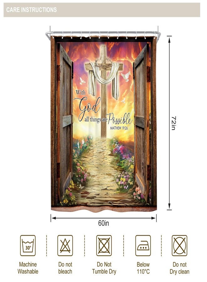 Riyidecor Bible Verse Rustic Barn Door Cross Shower Curtain Inspirational Quote Positive Christian Scripture 60Wx72H Inch Vintage Floral Fabric Decor Bathroom Polyester Waterproof 12 Pack Hooks - Image 5