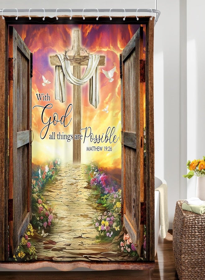 Riyidecor Bible Verse Rustic Barn Door Cross Shower Curtain Inspirational Quote Positive Christian Scripture 60Wx72H Inch Vintage Floral Fabric Decor Bathroom Polyester Waterproof 12 Pack Hooks - Image 1