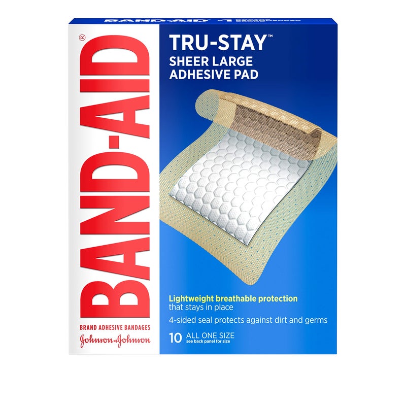 Band-Aid لصقات لاصقة من علامة باندايد، لاصقات معقمة كبيرة للعناية بالجروح وحماية الجروح الصغيرة والخدوش والحروق، خفيفة الوزن، قابلة للتنفس، حجم كبير، 10 قطع - Image 1