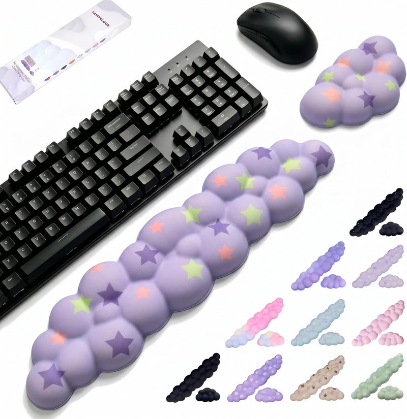 LJYZMD Cloud Wrist Rest Set for Keyboard and Mouse, Includes Cute Coaster, with Computers and Laptops (Light Purple Colorful Star Set) - Image 1