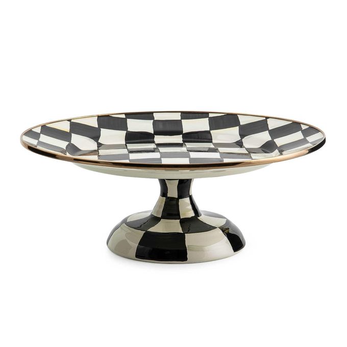 mackenzie childs MACKENZIE-CHILDS Enamel Pedestal Platter, Round Cake Stand, Small, Black-and-White Courtly Check - Image 1