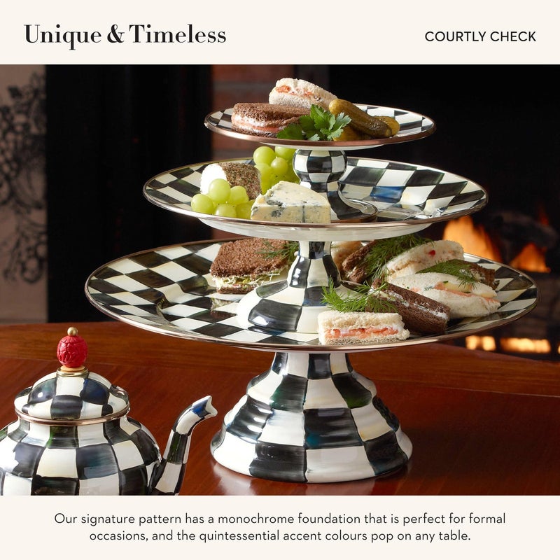 mackenzie childs MACKENZIE-CHILDS Enamel Pedestal Platter, Round Cake Stand, Small, Black-and-White Courtly Check - Image 5