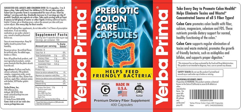 Yerba Prima Prebiotic Colon Care Capsules 400 Caps  Five Forms of Fiber Plus FOS Prebiotics  Dietary Health Supplement  Healthy Soluble  Insoluble Fibers for Regularity  Digestive Support - Image 5