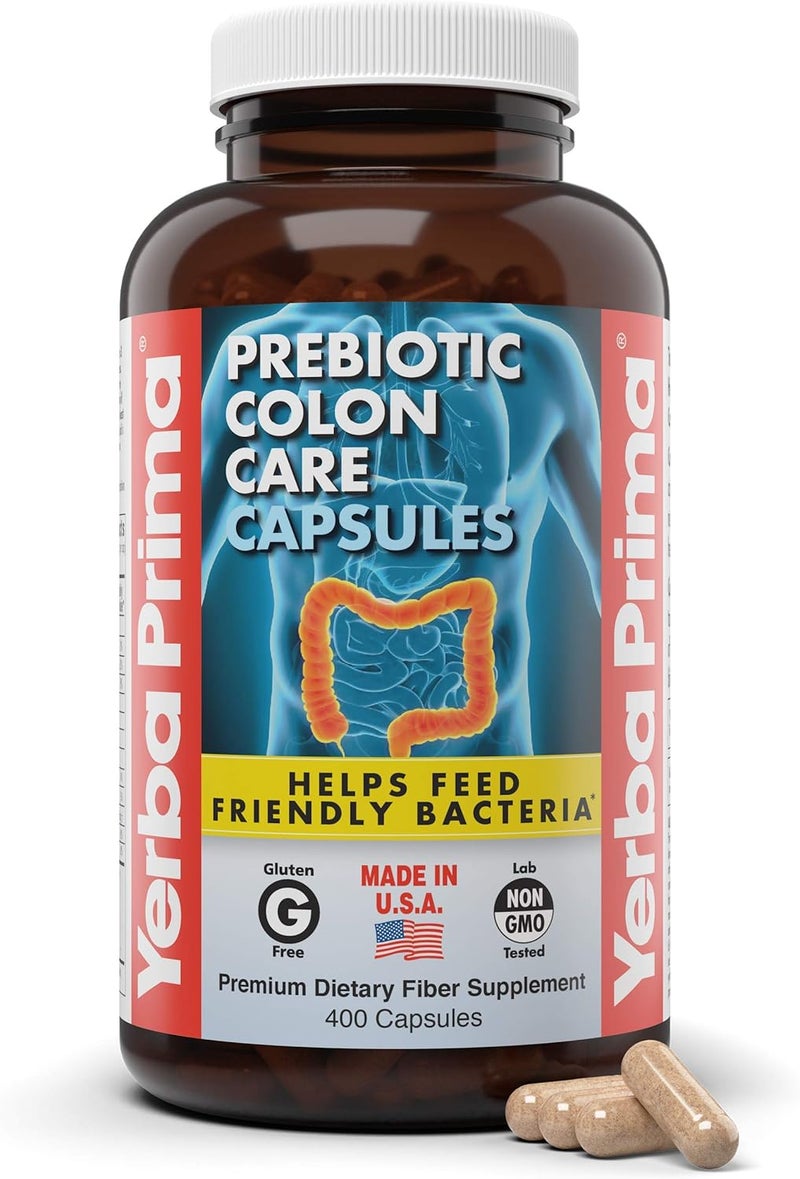 Yerba Prima Prebiotic Colon Care Capsules 400 Caps  Five Forms of Fiber Plus FOS Prebiotics  Dietary Health Supplement  Healthy Soluble  Insoluble Fibers for Regularity  Digestive Support - Image 1