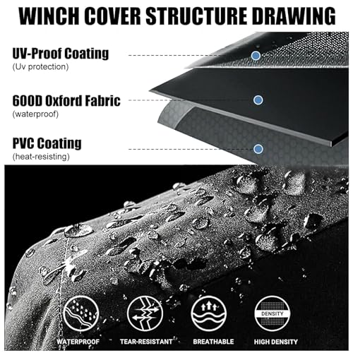 Qflrgon Winch Cover, New Upgrade Heavy Duty 600D Oxford Fabric Winch Covers for 8500-17500 lbs Electric Winch, Waterproof Dustproof Sunproof UV Resistant Tear Resistant Durable, 22″ x 9.8″ x 7.5″ - Image 4