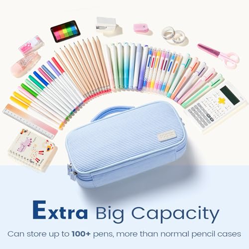 Sooez Large Pencil Case Pouch, Soft Corduroy Pencil Bag with Handle, Cute Pen Case, 5 Compartments, Wide Opening Pen Pouch Organizer with Zipper, Aesthetic School Supplies for Girls Women, Blue - Image 3