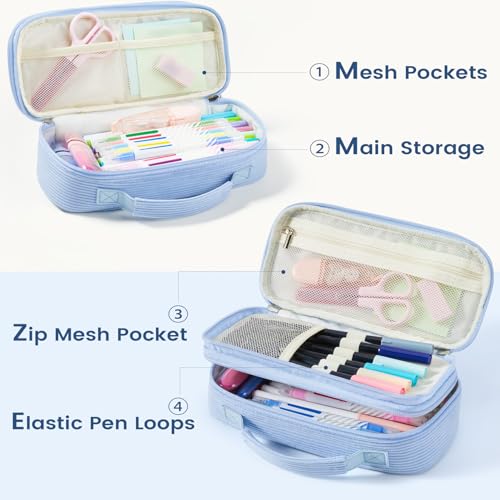 Sooez Large Pencil Case Pouch, Soft Corduroy Pencil Bag with Handle, Cute Pen Case, 5 Compartments, Wide Opening Pen Pouch Organizer with Zipper, Aesthetic School Supplies for Girls Women, Blue - Image 4