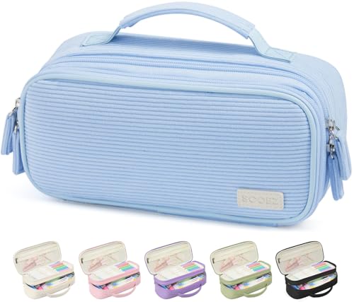 Sooez Large Pencil Case Pouch, Soft Corduroy Pencil Bag with Handle, Cute Pen Case, 5 Compartments, Wide Opening Pen Pouch Organizer with Zipper, Aesthetic School Supplies for Girls Women, Blue - Image 1