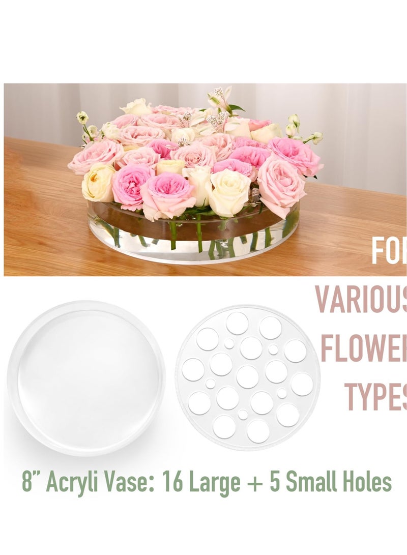 Clear Circular Leak-Proof Clear Acrylic Low Vase, Modern Round Acrylic Vase for Centerpieces, 16+5 Holes Acrylic Flower Vase, Suitable for Gifting Valentine's Day, Weddings, Birthdays
