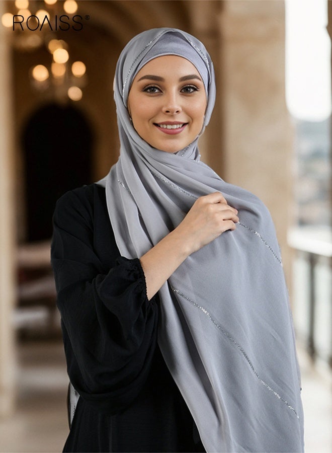 رويس وشاح شيفون طويل مخطط عريض بلون واحد، شال إسلامي أنيق وعصري، حجاب خفيف الوزن وأنيق للنساء للاستخدام اليومي - Image 1