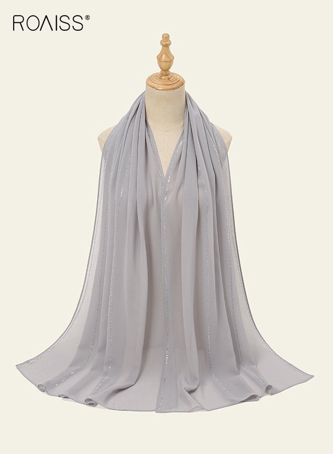 رويس وشاح شيفون طويل مخطط عريض بلون واحد، شال إسلامي أنيق وعصري، حجاب خفيف الوزن وأنيق للنساء للاستخدام اليومي - Image 3