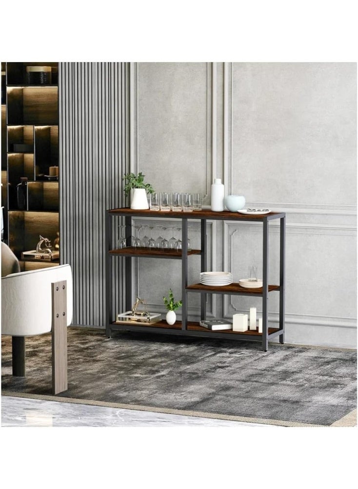 طاولة كونسول ضيقة بثلاث طبقات بطول 105 سم – طاولة مدخل ريفية بنية مع إطار معدني، طاولة ممر نحيفة مع أرفف تخزين لغرفة المعيشة والطعام والمطبخ وركن القهوة - Image 1