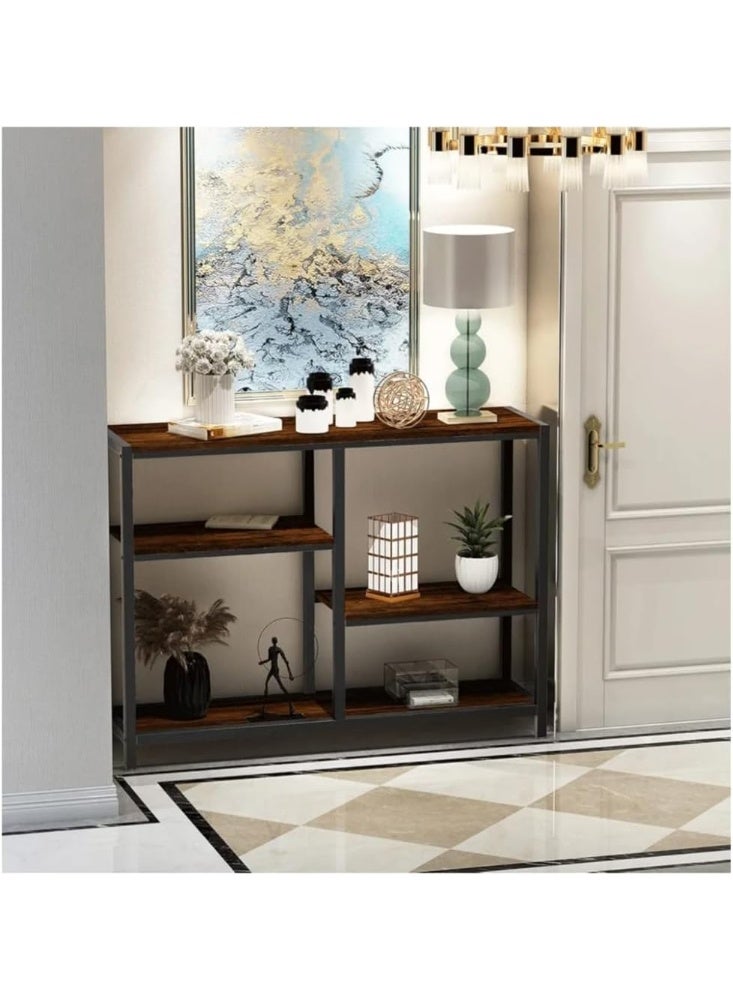 طاولة كونسول ضيقة بثلاث طبقات بطول 105 سم – طاولة مدخل ريفية بنية مع إطار معدني، طاولة ممر نحيفة مع أرفف تخزين لغرفة المعيشة والطعام والمطبخ وركن القهوة - Image 2