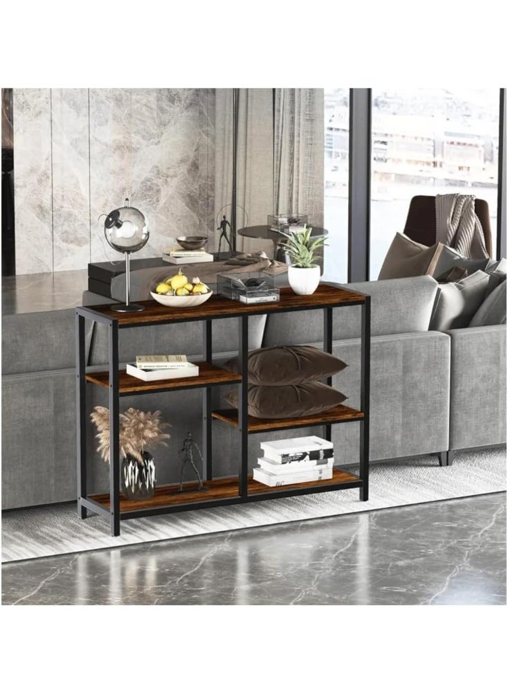 طاولة كونسول ضيقة بثلاث طبقات بطول 105 سم – طاولة مدخل ريفية بنية مع إطار معدني، طاولة ممر نحيفة مع أرفف تخزين لغرفة المعيشة والطعام والمطبخ وركن القهوة - Image 4