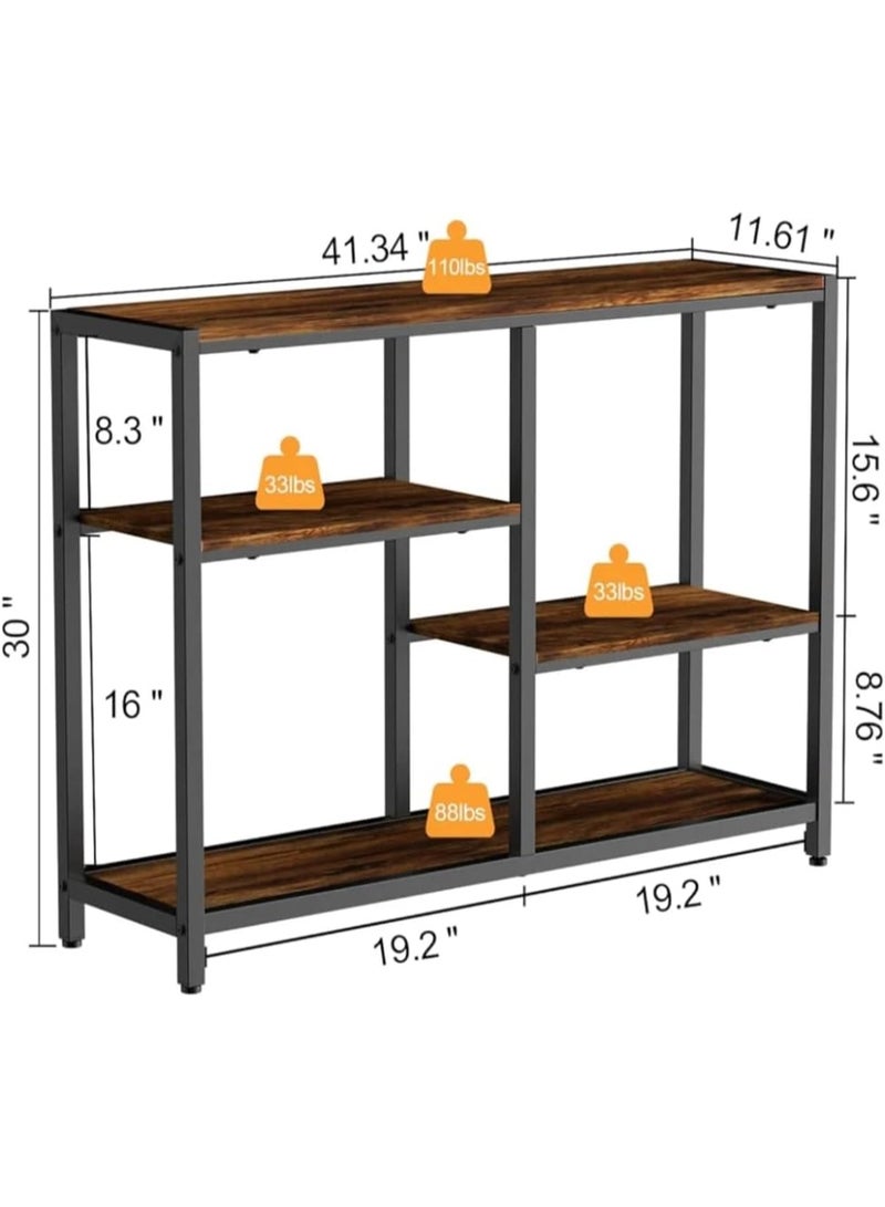 طاولة كونسول ضيقة بثلاث طبقات بطول 105 سم – طاولة مدخل ريفية بنية مع إطار معدني، طاولة ممر نحيفة مع أرفف تخزين لغرفة المعيشة والطعام والمطبخ وركن القهوة - Image 3