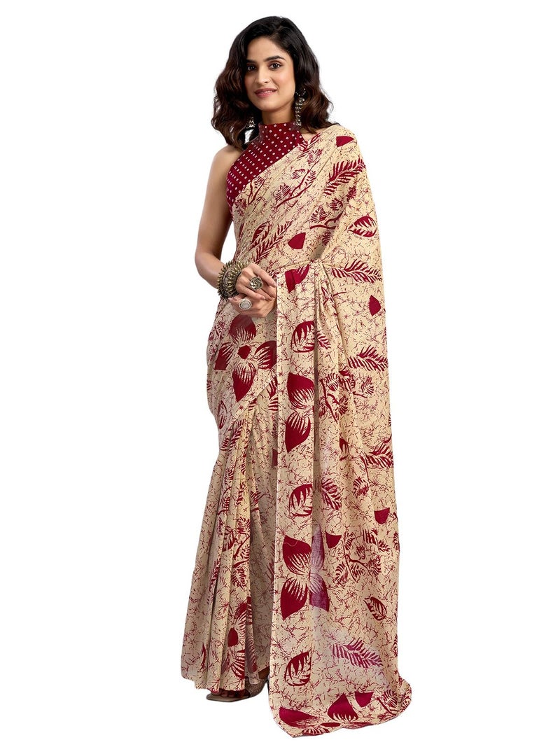 Satrani Women's Pure Cotton Printed Ready To Wear Saree with Unstitched Blouse Piece (38RS133_Dark Beige) - Image 1