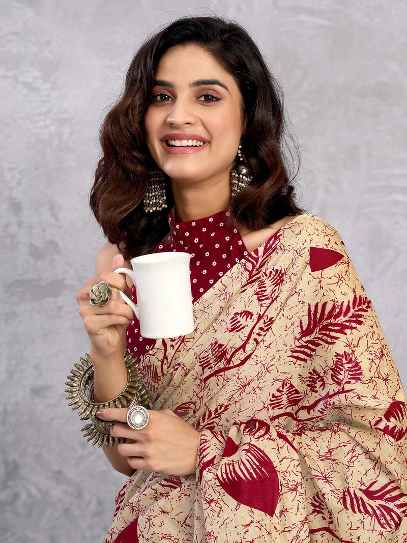 Satrani Women's Pure Cotton Printed Ready To Wear Saree with Unstitched Blouse Piece (38RS133_Dark Beige) - Image 4