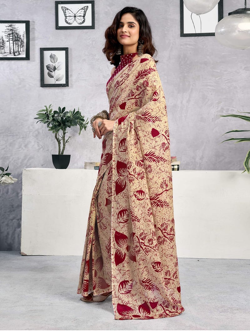 Satrani Women's Pure Cotton Printed Ready To Wear Saree with Unstitched Blouse Piece (38RS133_Dark Beige) - Image 2
