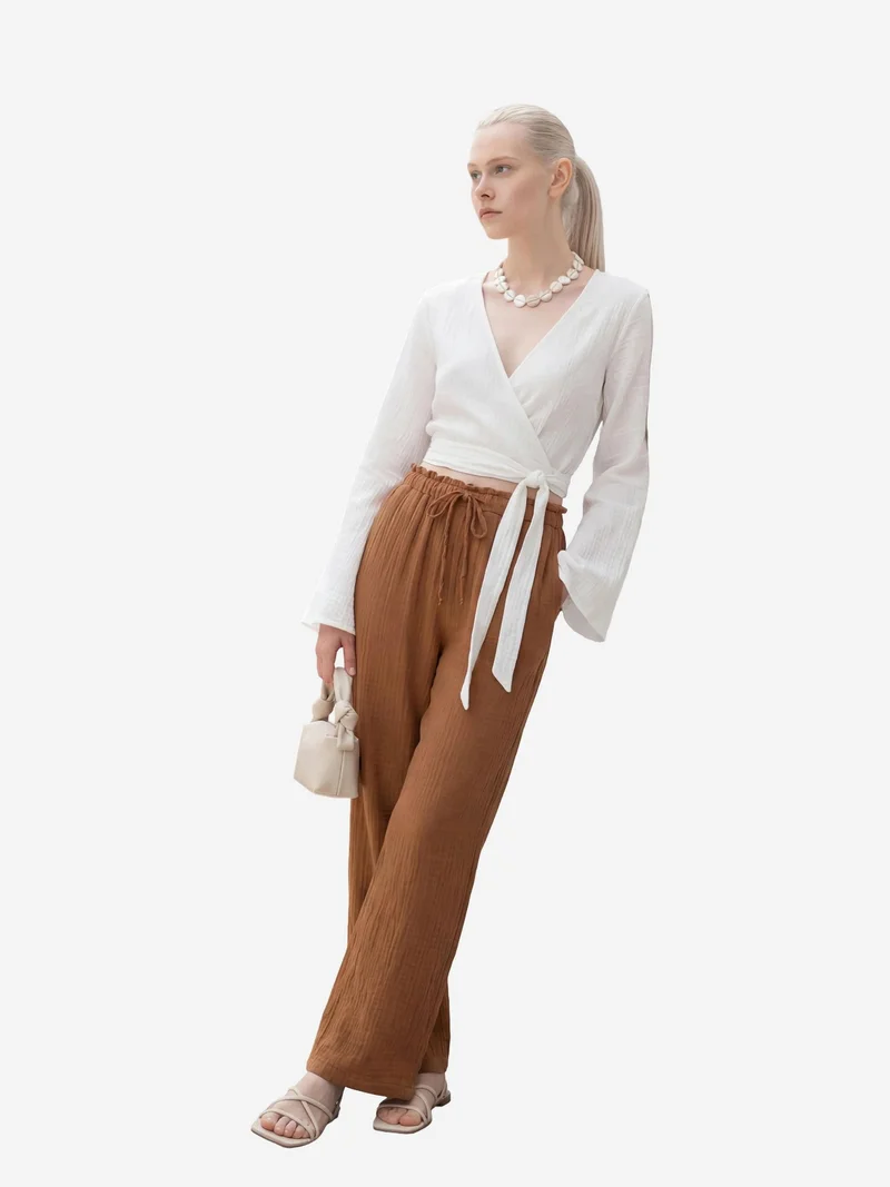MY FASHION Coffee Brown MY FASHION Elastic Waist Straight Leg Pants for Women | Best Price UAE