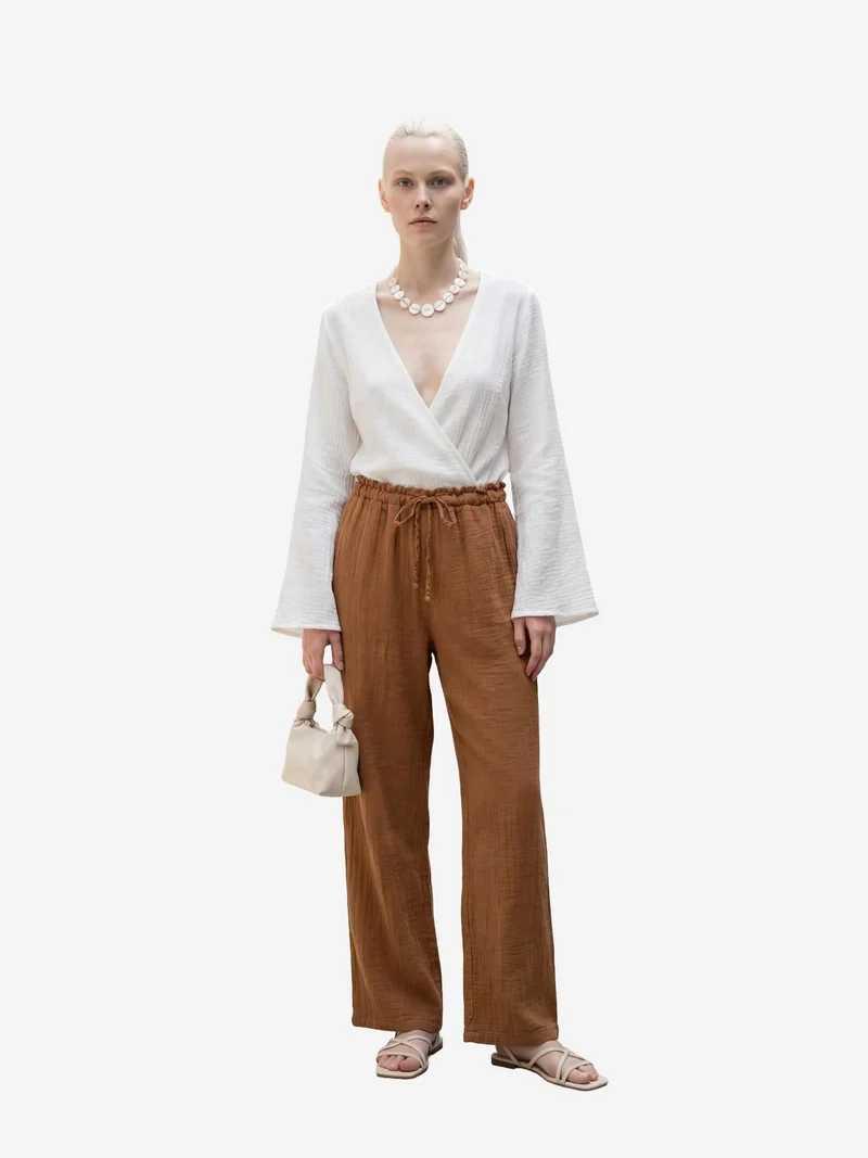 MY FASHION Coffee Brown MY FASHION Elastic Waist Straight Leg Pants for Women | Best Price UAE
